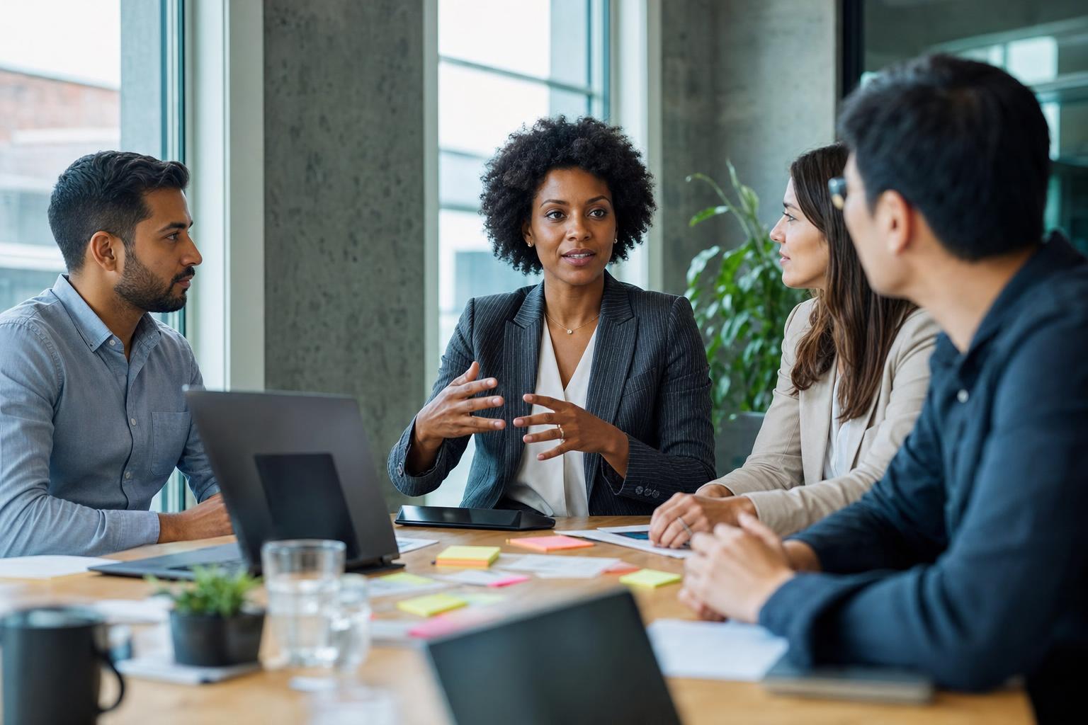 A professional leading a team meeting
