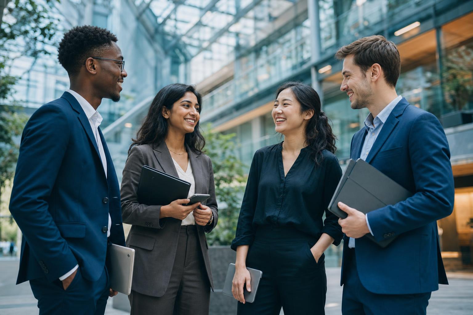 Professionals from several countries meeting in an office atrium